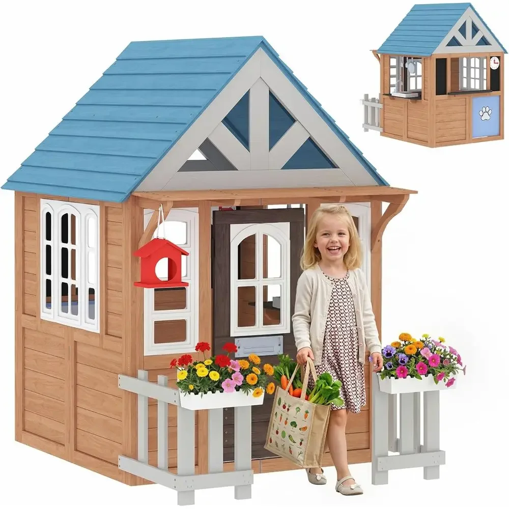 Kids Outdoor Wooden Playhouse - Casita de juegos Qaba para exteriores