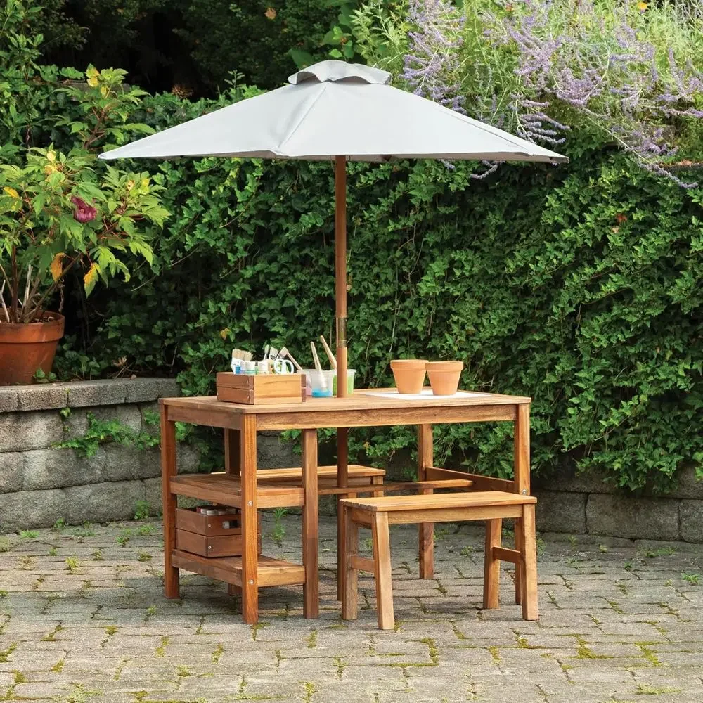 Kids Outdoor Bench Table - Conjunto de Mesa, Bancos y Sombrilla