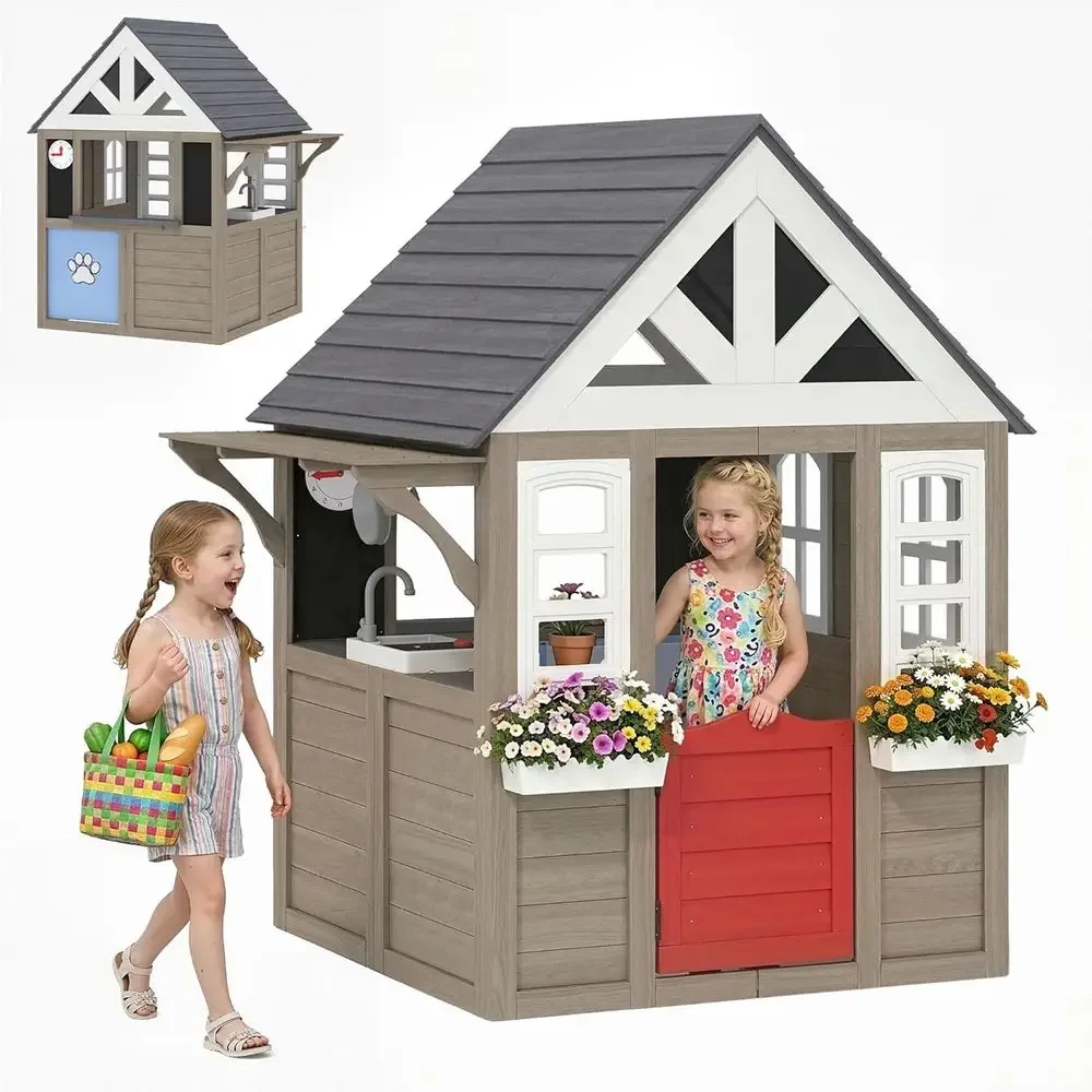Kids Outdoor Wooden Playhouse - Casita de juegos Qaba para exteriores,