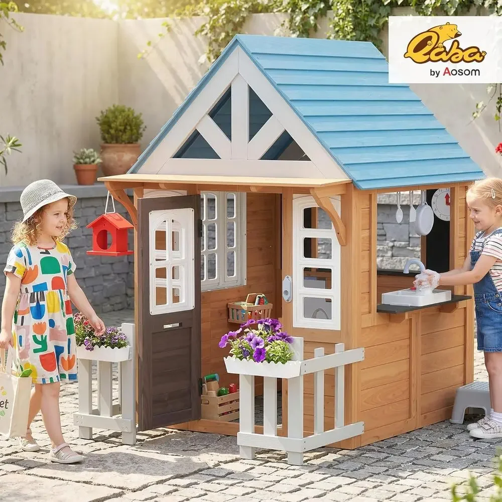 Casita de juegos Qaba para ext - Kids Outdoor Wooden Playhouse reseña y precio