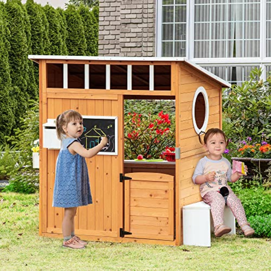 Casa de juegos de madera para  - Kids Outdoor Wooden Playhouse reseña y precio