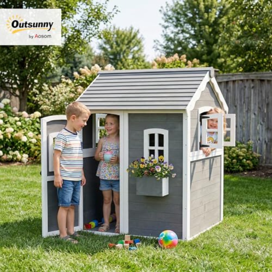 Casa de juegos de madera para  - Kids Outdoor Wooden Playhouse reseña y precio